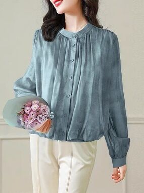 Slate Blue stand collar long-sleeve Button-Front Blouse